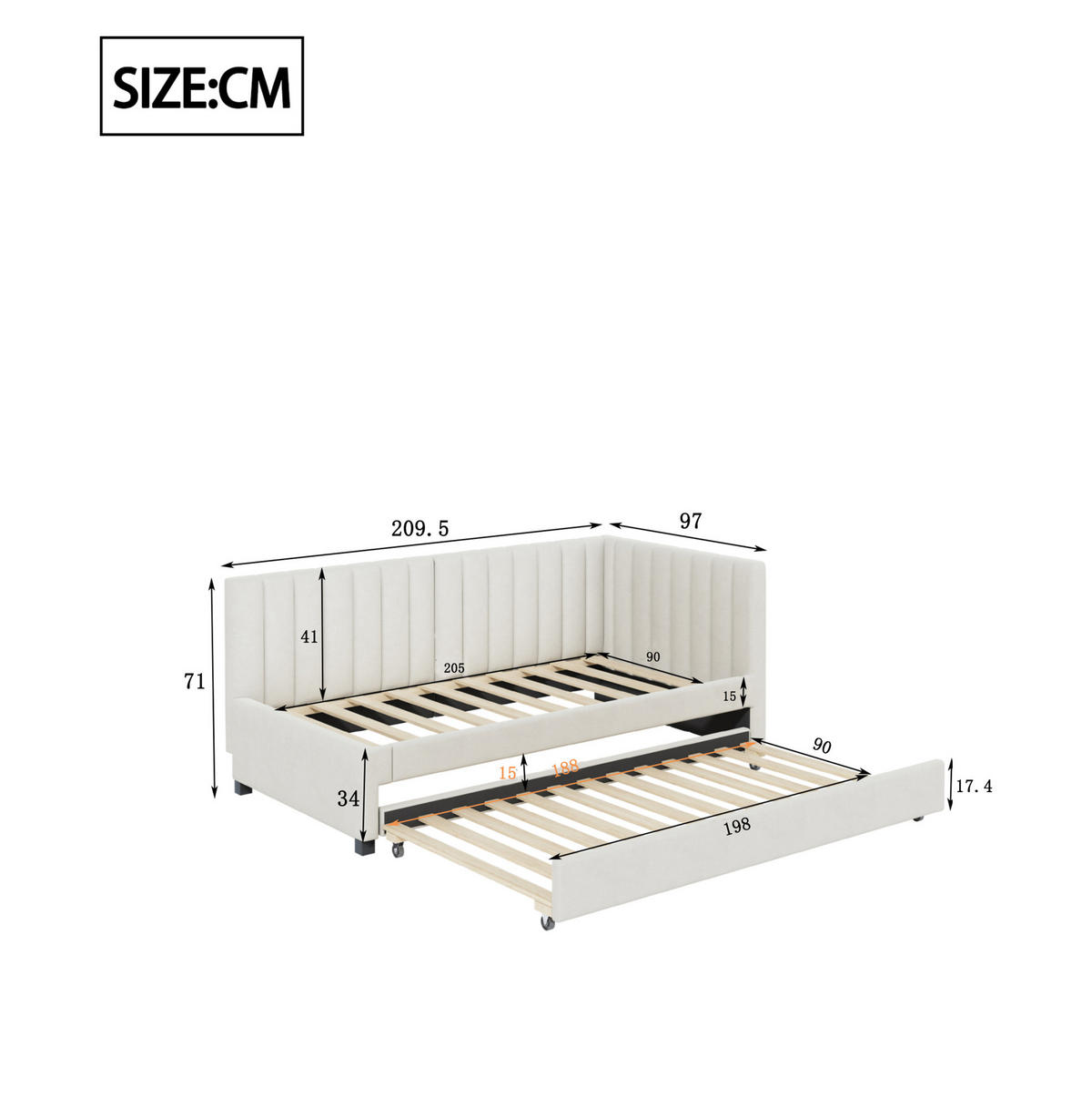 AUSZIEHBETT 90/200 cm aus Samt in Beige mit Lattenrost - Beige, Leder (90/200cm) - Flora Grace