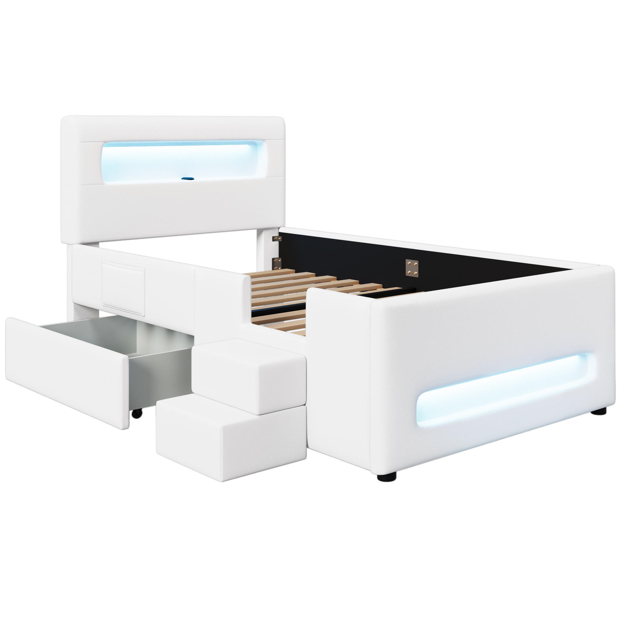 POLSTERBETT 90/200 cm weiß aus MDF und PU mit LED und Schublade - Weiß, Holzwerkstoff (90/200cm) - OKWISH