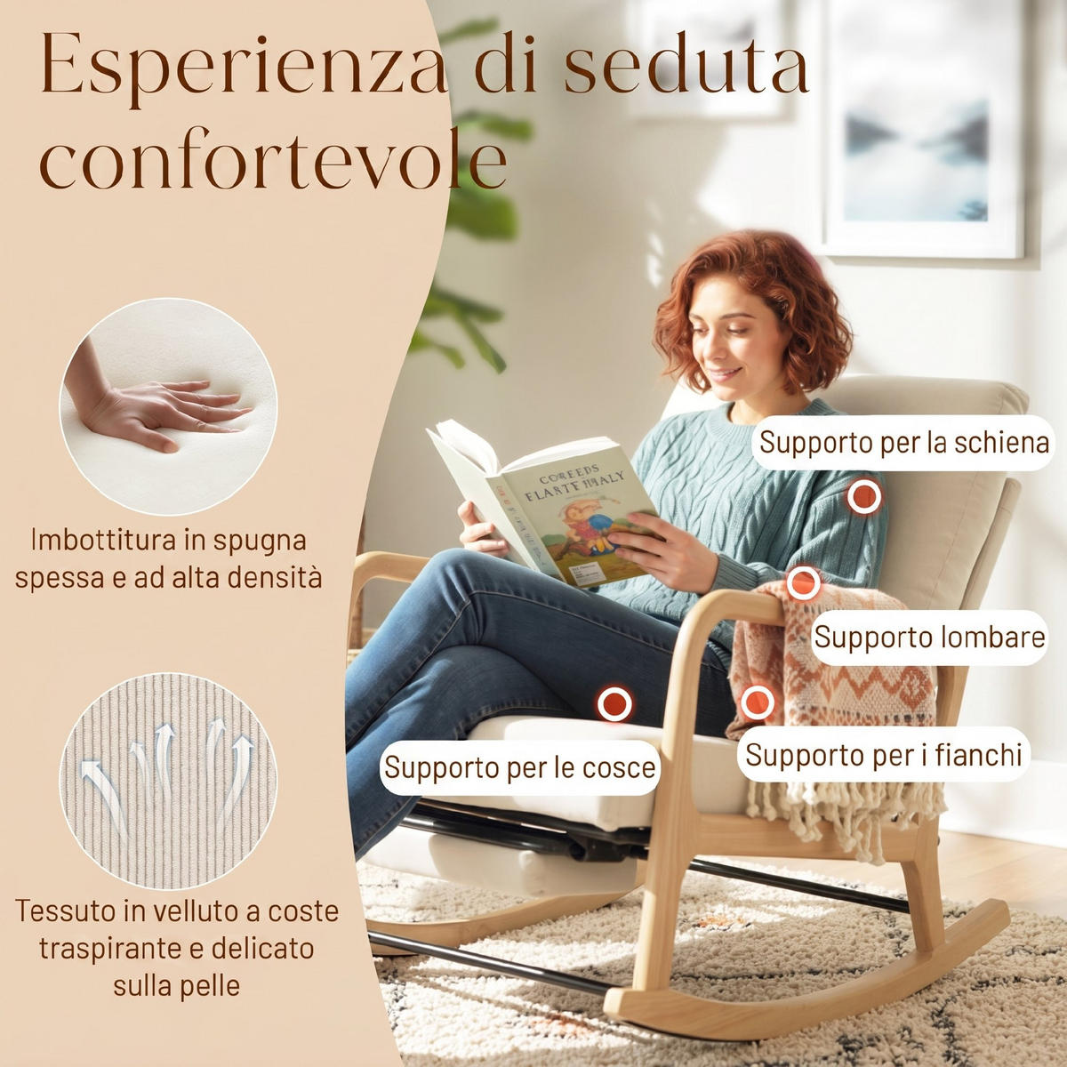 SCHAUKELSTUHL Cord Fußstütze verstellbare Rückenlehne cremefarben - Creme, Textil (89/97.5/70cm) - Vallsero