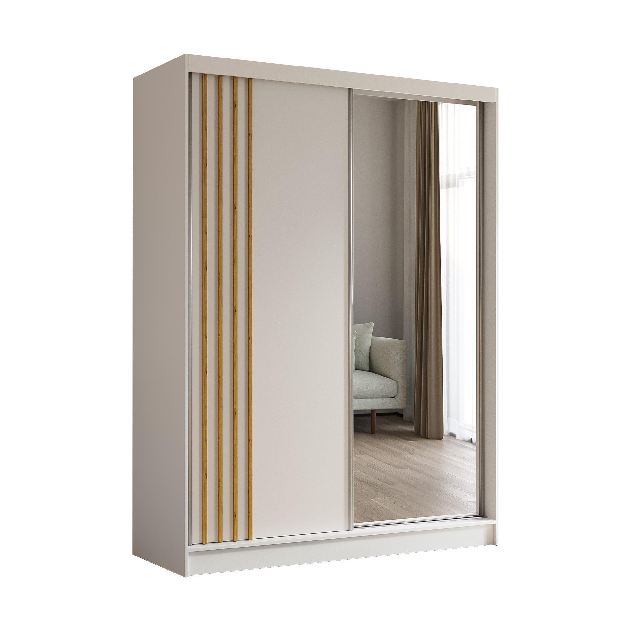 SCHWEBETÜRENSCHRANK Neli 160 cm mit Lamellen und Spiegel 2-türig, weiß, weiß, Lamelle Artisan - Weiß/Braun, Kunststoff (160/216/61cm) - Margaret Hadas24
