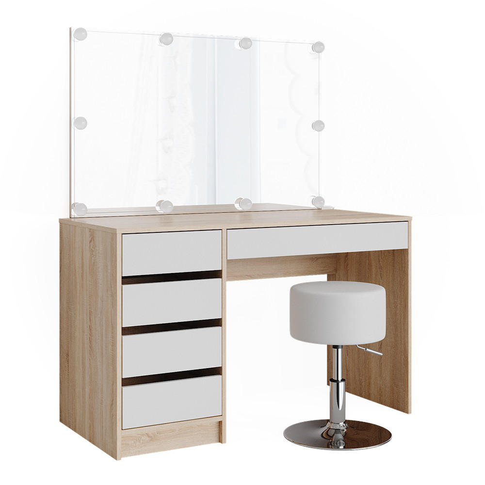 MASĂ DE TOALETĂ Sherry Alb/Sonoma 120 cm cu iluminare LED si taburet