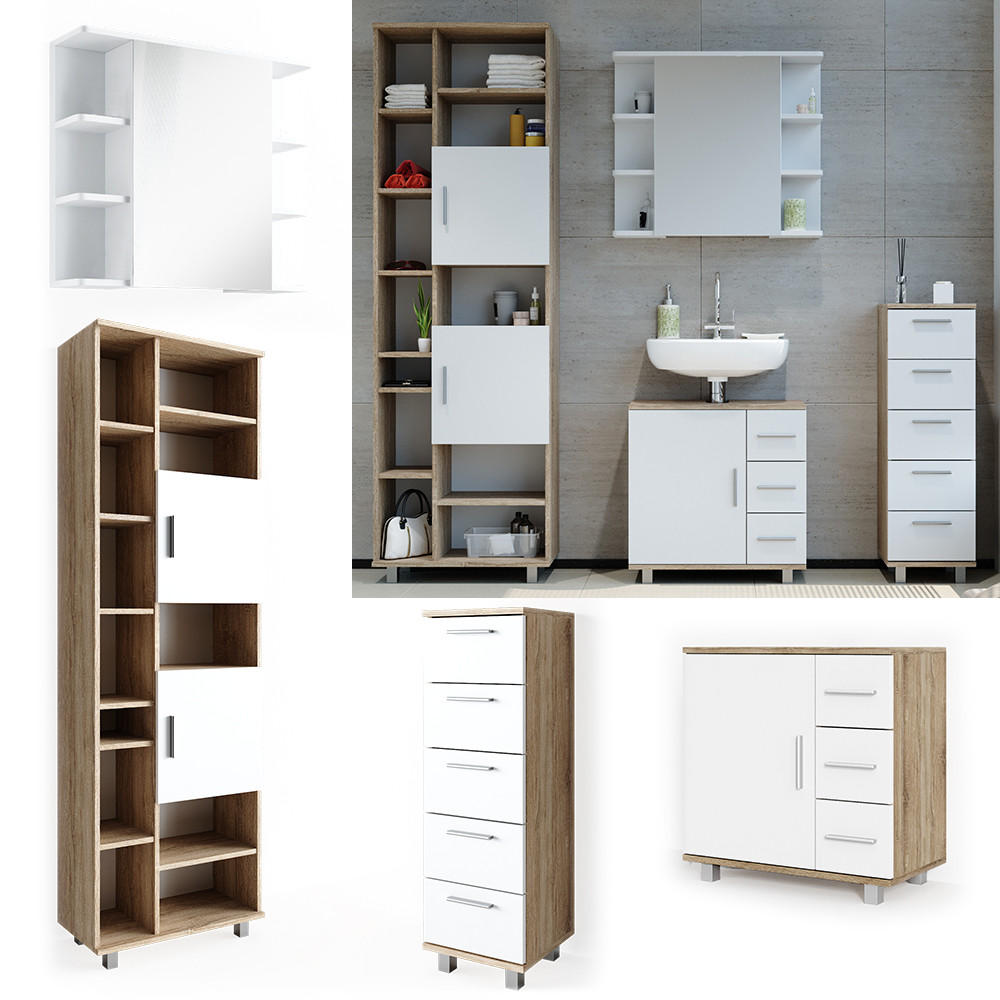 BADMÖBEL-SET Ilias Sonoma 4 Teile - Weiß/Sonoma Eiche, Holzwerkstoff (60/60/33cm) - Vicco