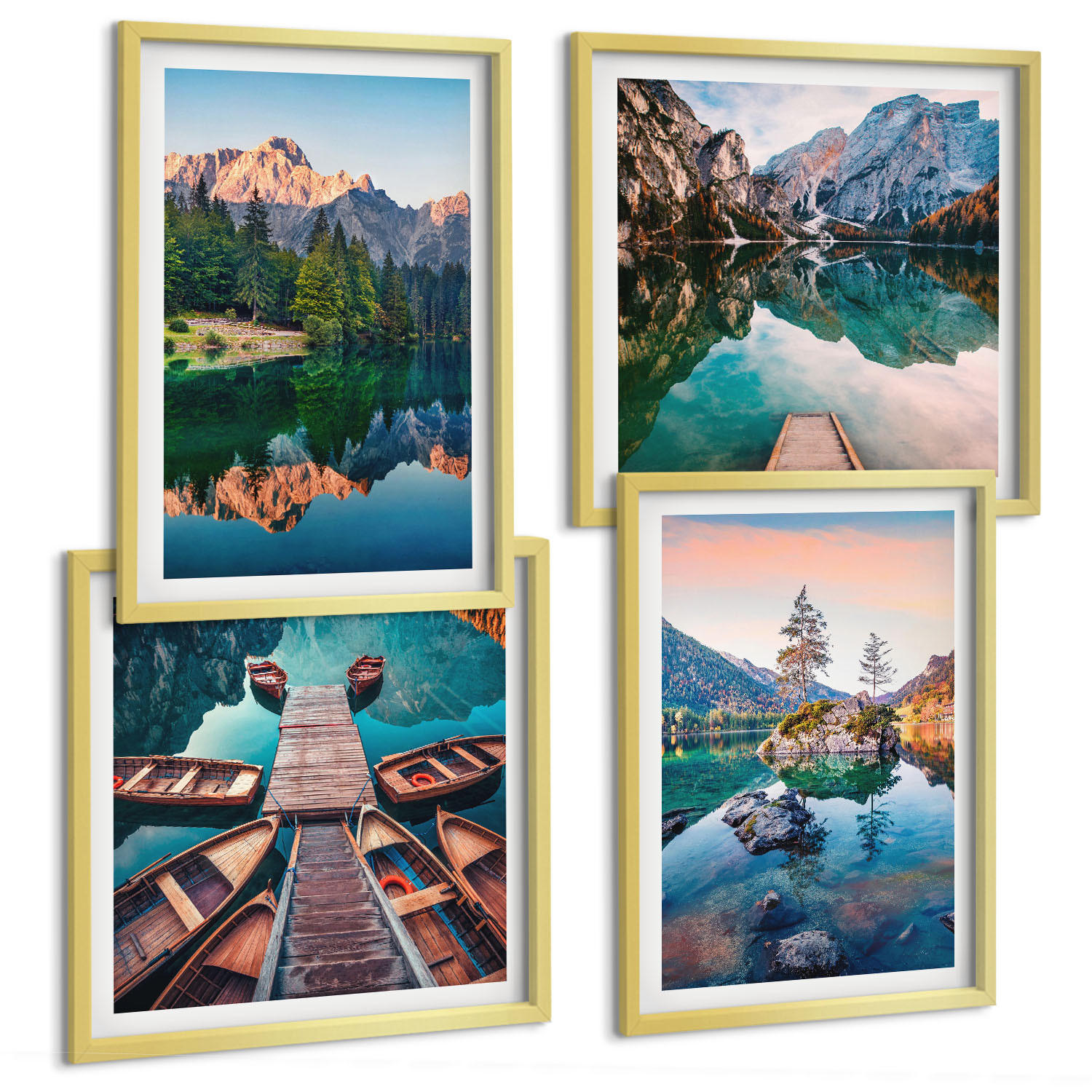 BILDER SET 4er Set - 50x50 cm & 40x60 cm Goldrahmen - Spiegelung des Waldes in Bergseen - Goldfarben, Kunststoff (50/50cm) - TULUP