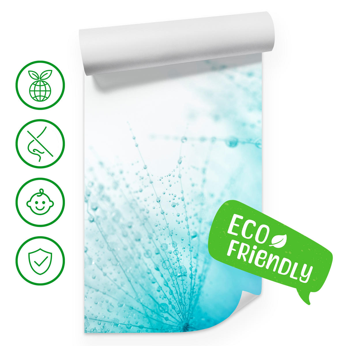 FOTOTAPETE für Badezimmer Leuchtende Löwenzahnblüten Wassertropfen Blau 150x105 - Türkis/Blau, Papier (150/105cm) - Muralo