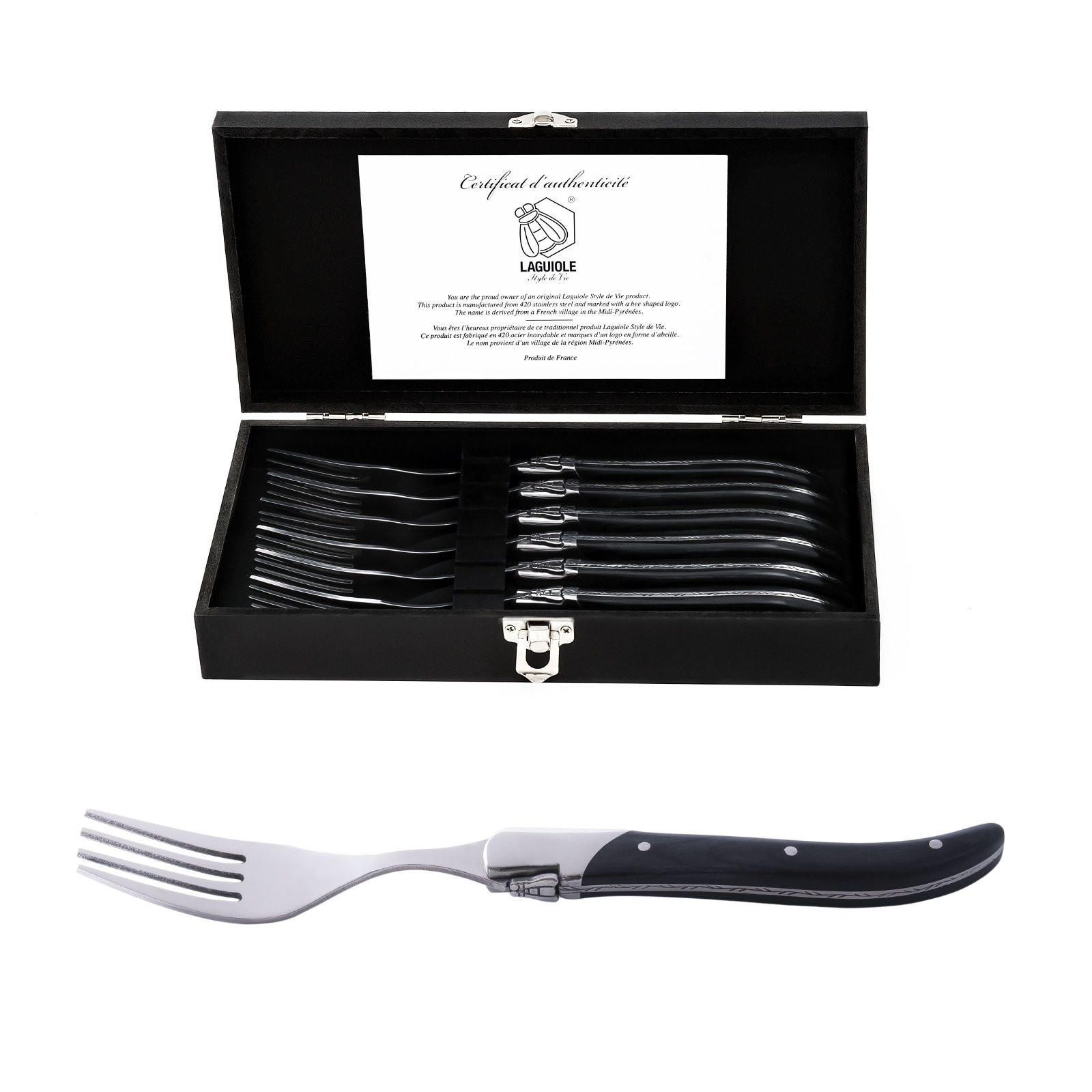 GABEL-SET Luxury Line 6-tlg. 22 cm, Griffe aus Ebenholz schwarz-braun - Braun, Holz - Laguiole Style de Vie