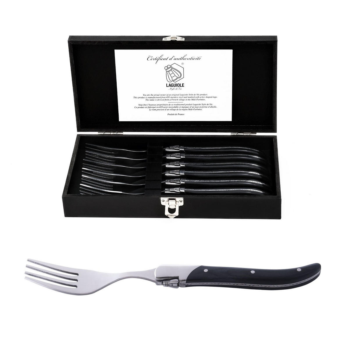 GABEL-SET Luxury Line 6-tlg. 22 cm, Griffe aus Ebenholz schwarz-braun - Braun, Holz - Laguiole Style de Vie