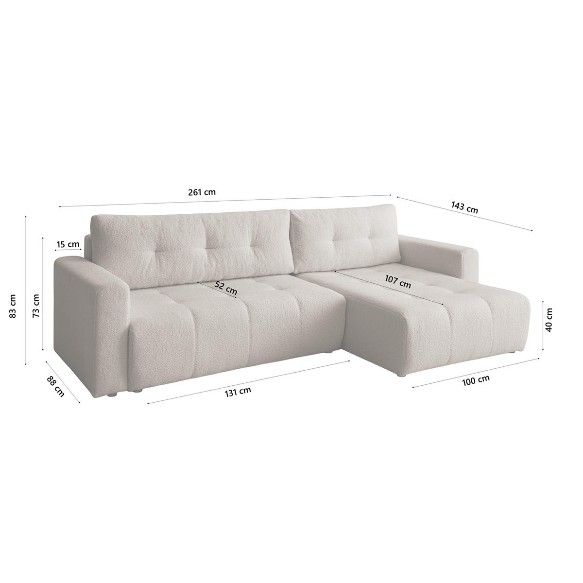 ECKSOFA WALONGO mit Schlaffunktion, Beige - Beige, Textil (261/143cm) - Fedve