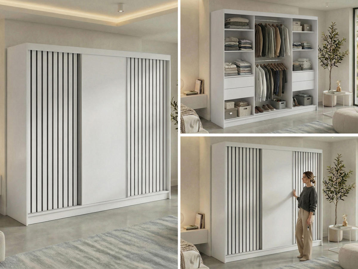 SCHWEBETÜRENSCHRANK mit Lamellen und Schubladen LUMOS - 240 - Weiß und Schwarz - Schwarz/Alufarben, Holzwerkstoff/Metall (240/216/61cm) - MKS