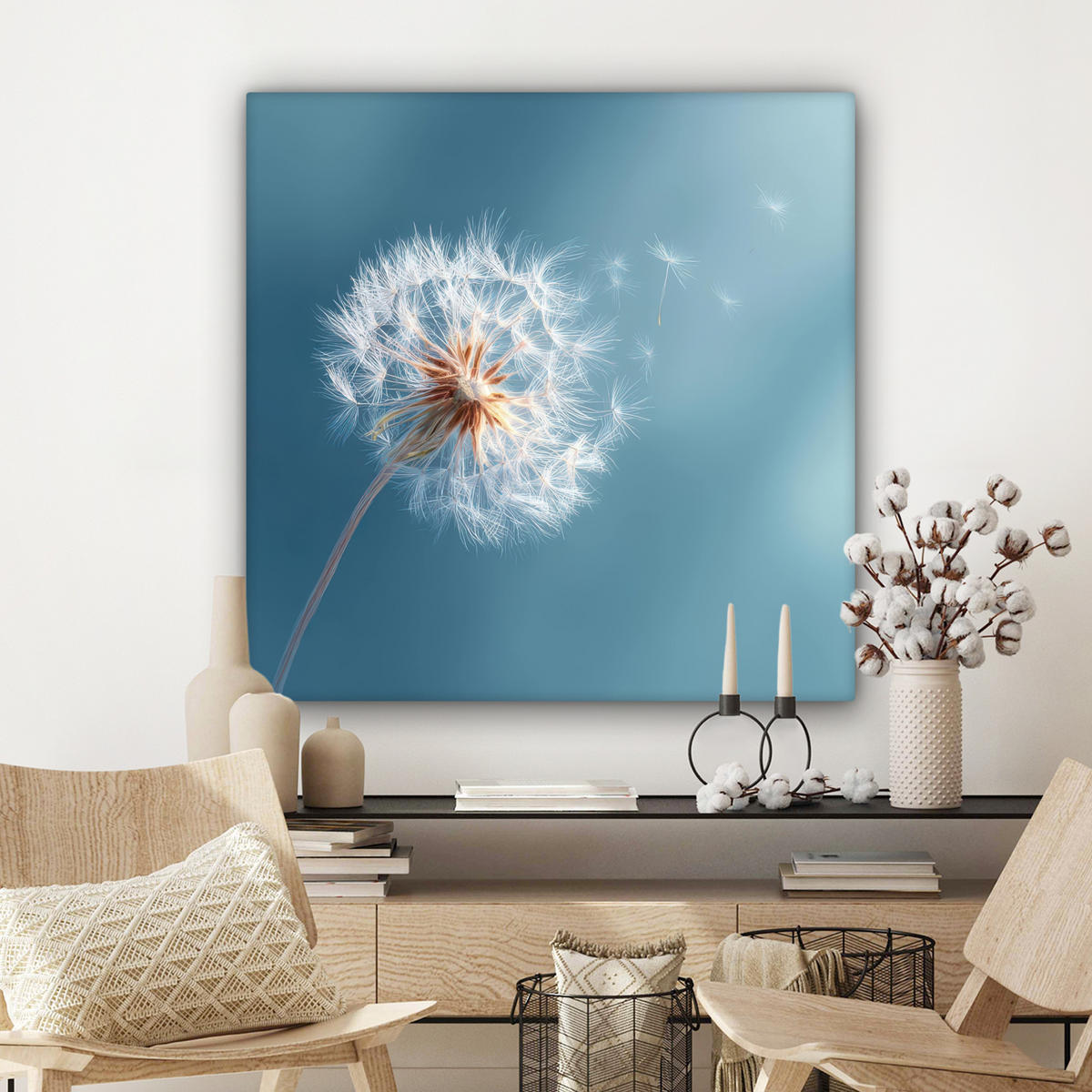 LEINWANDBILD Löwenzahn - Wind - Blau Deko Groß 90x90 cm - Blaugrau, Textil (90/90cm) - MuchoWow