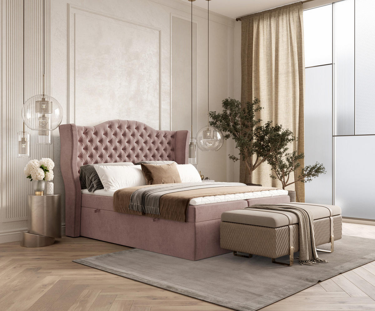 BOXBETT Royal Rosa 160/200 cm im Samtstoff - Pink/Schwarz, Holz/Holzwerkstoff (160/200cm) - Maison de Reve