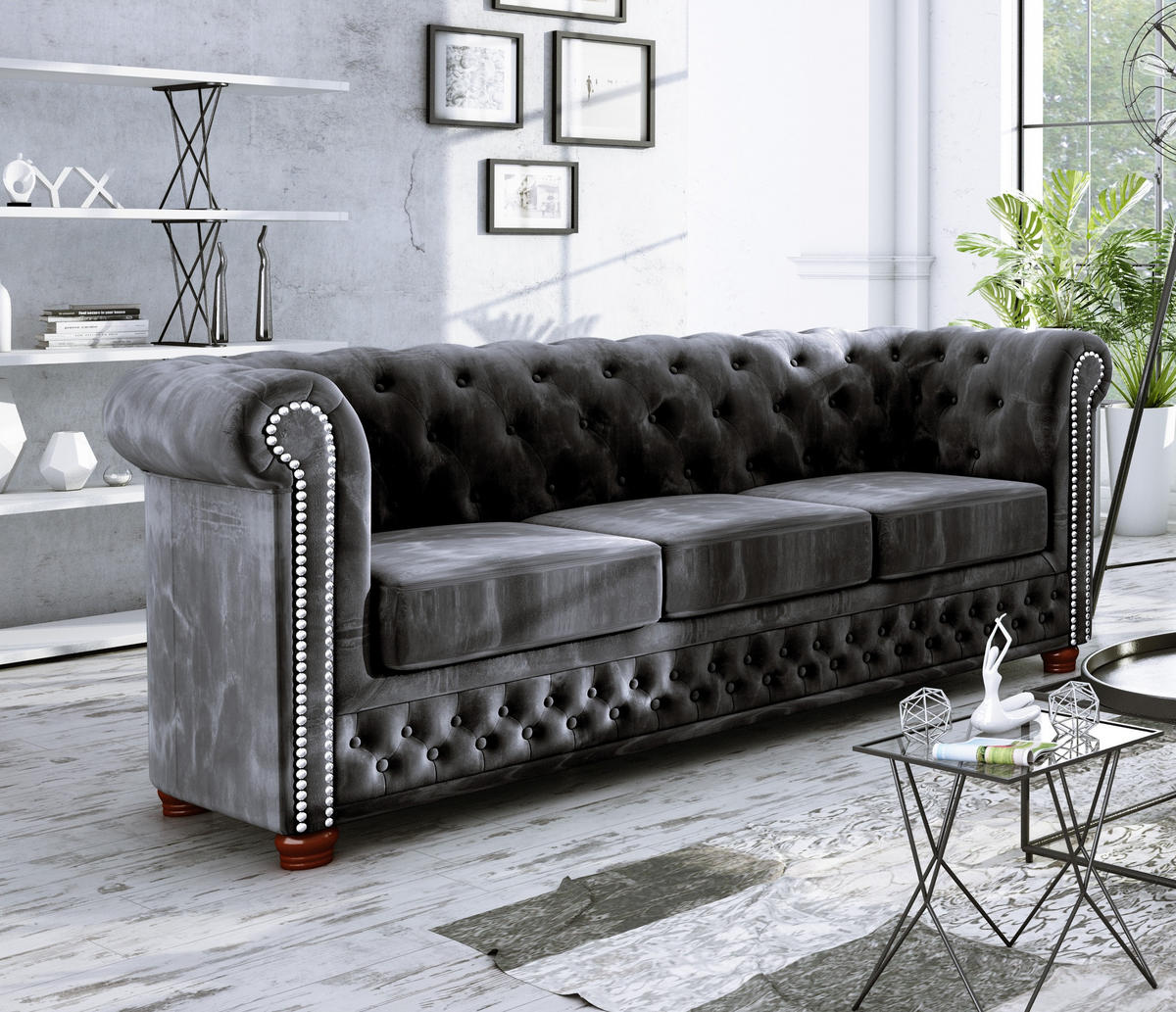 CHESTERFIELD-SOFA 3-sitzer Lauren Schwarz Samt - Schwarz/Braun, Holz/Textil (203/72/86cm) - S-Style Möbel
