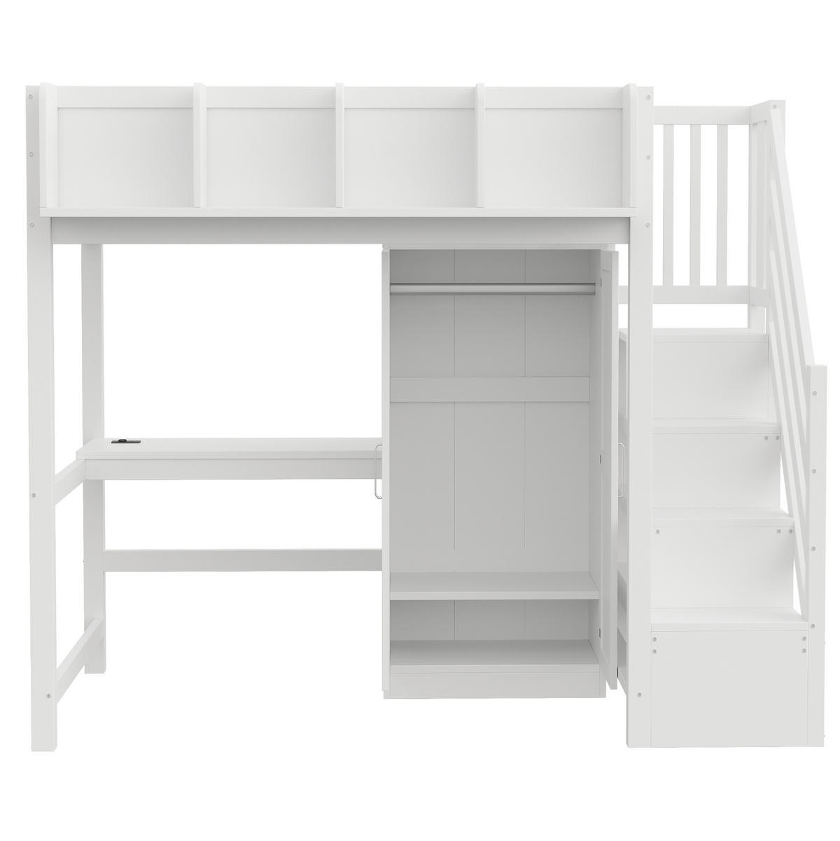 HOCHBETT 90/200 cm Weiß mit Schreibtisch, Kleiderschrank und LED - Weiß, Holz (90/200cm) - MIVRAY