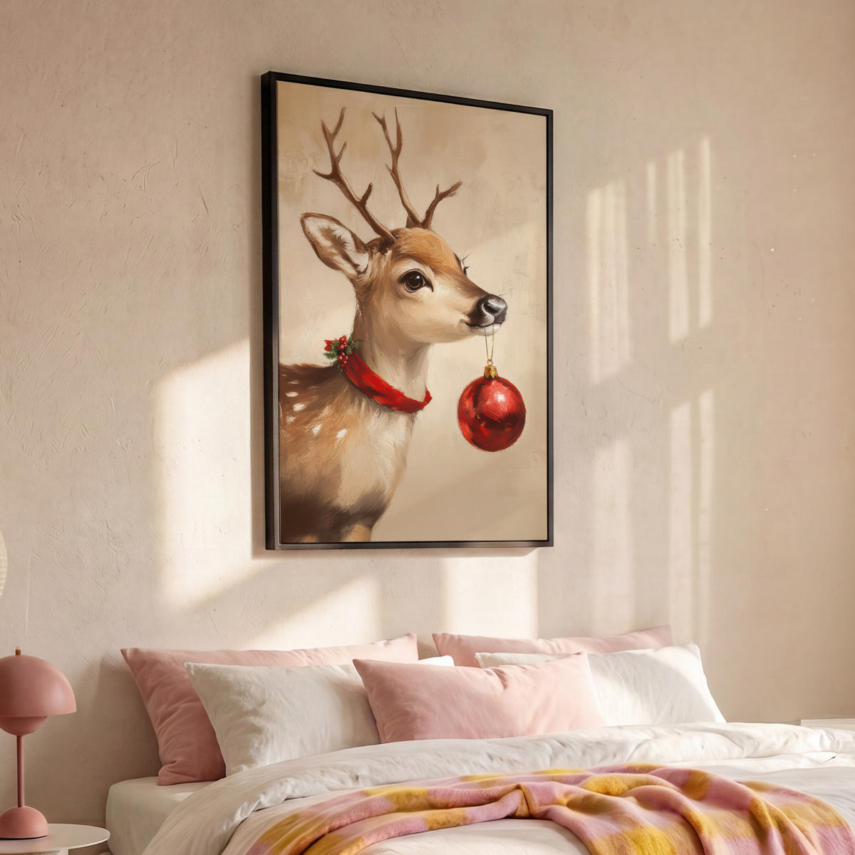 LEINWAND Bilder mit Rahmen - Weihnachten - Hirsch - Geweih - Weihnachtskugel - Rentier - 80x120 - Hellbraun, Textil (80/120cm) - MuchoWow