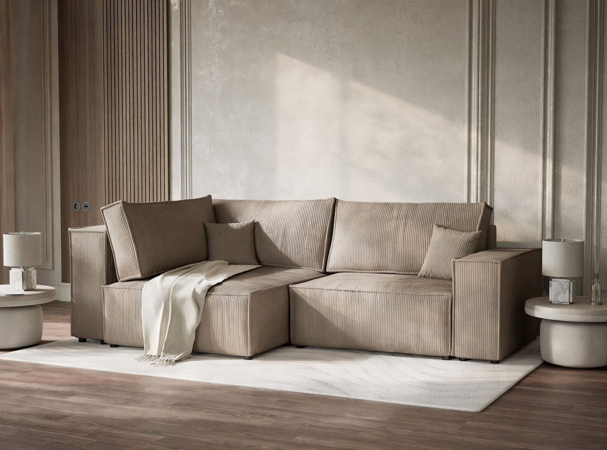 ECKSOFA MIT SCHLAFFUNKTION Tonga Beige Samtstoff - Beige/Schwarz, Holz/Holzwerkstoff (105/225cm) - Maison de Reve