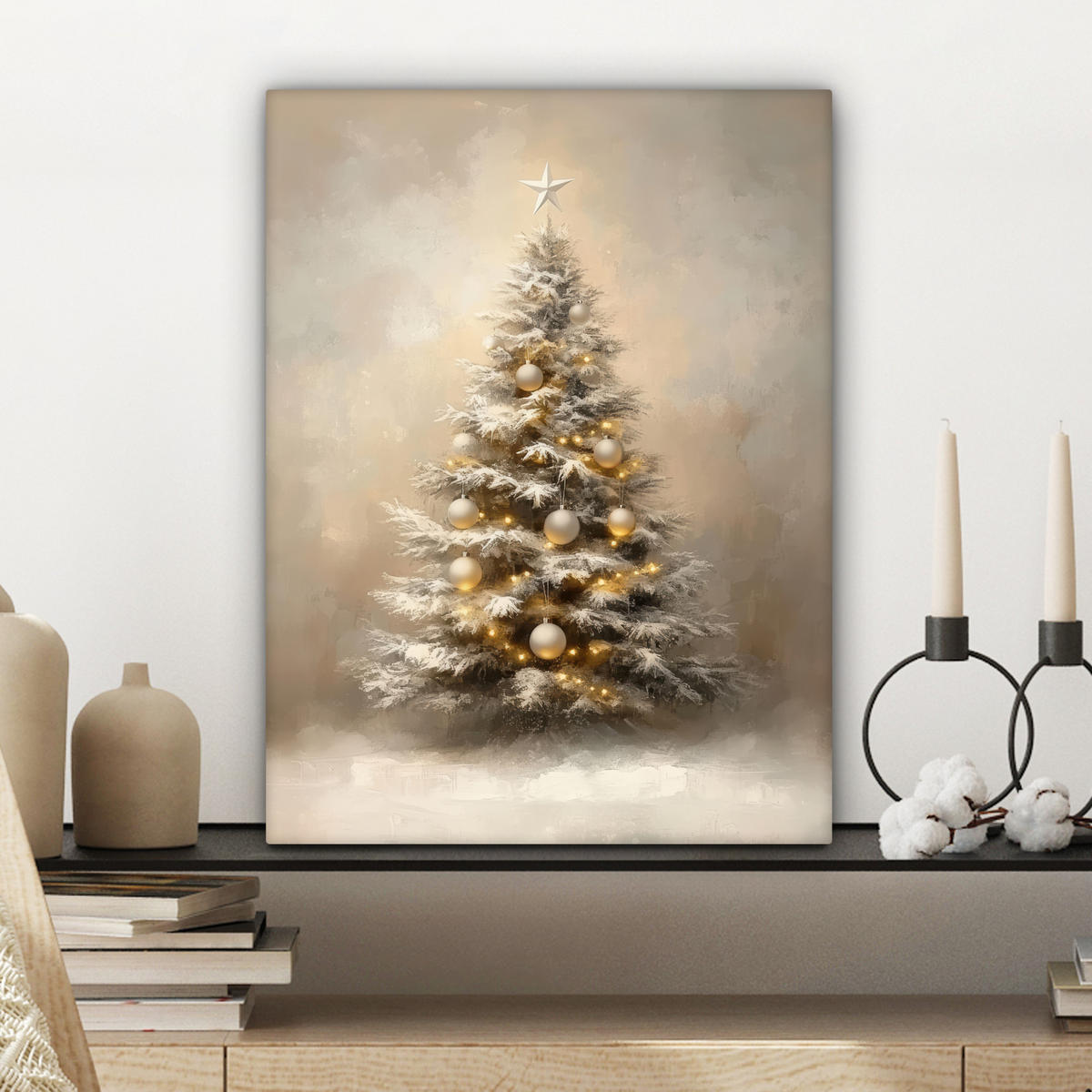 LEINWANDBILD Weihnachten - Weihnachtsbaum - Schnee - Kunst Room Decor 30x40 cm - Champagner, Textil (30/40cm) - MuchoWow