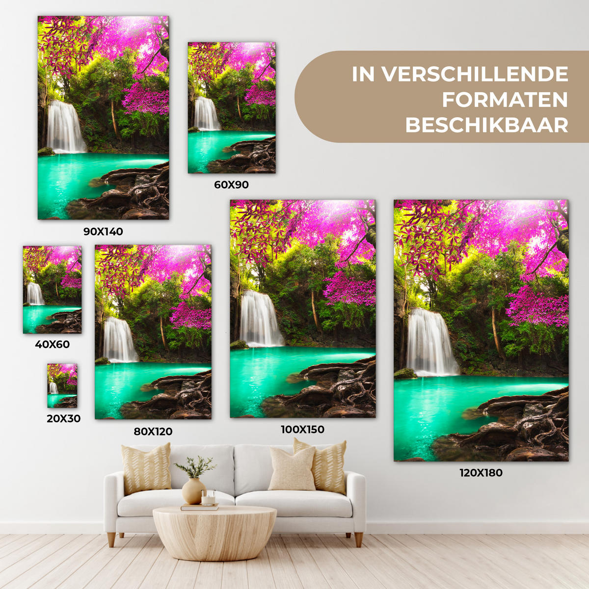 LEINWANDBILD Wasserfall mit bunten Blumen und Bäumen - Natur - Dschungel 90x140 cm - Waldgrün, Textil (90/140cm) - MuchoWow