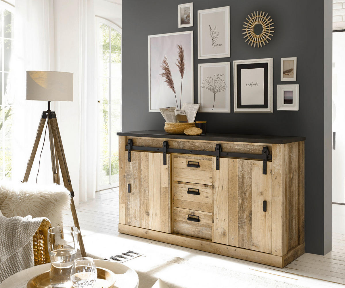 SIDEBOARD Used Wood hell, anthrazit 162 cm, Kommode mit Soft-Close - Anthrazit/Schwarz, Holzwerkstoff/Metall (162/91/43cm) - Furn.Design