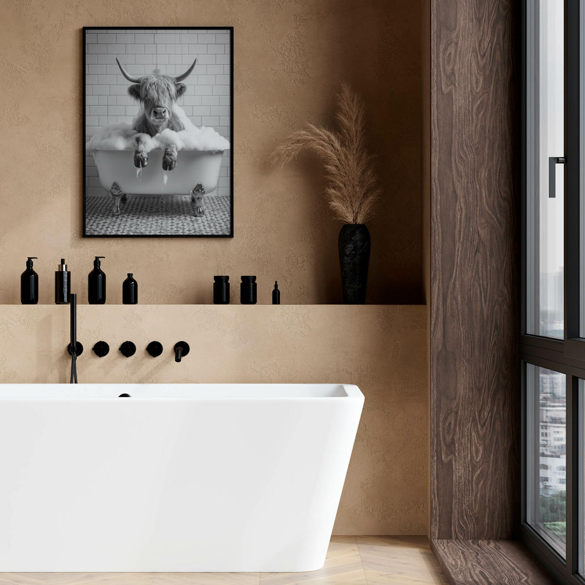 POSTER für WC Badezimmer SCHOTTISCHE KUH in Badewanne Schwarz-Weiß Abstraktion 30x40cm - Schwarz/Weiß, Papier (30/40/40cm) - Muralo