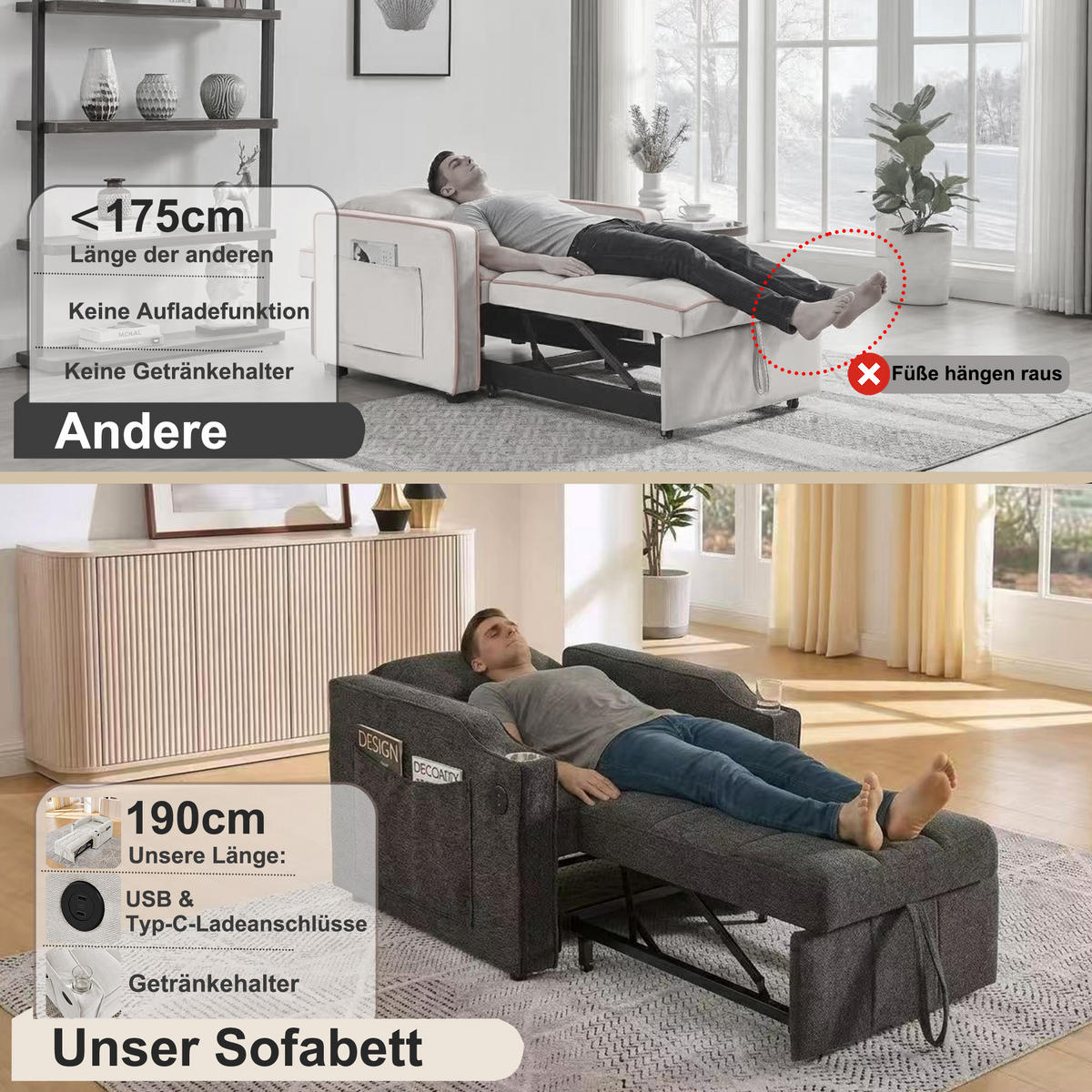 RELAXSESSEL 190/85/86 cm Dunkelgrau mit USB-/Typ-C-Anschluss und Seitentasche - Dunkelgrau, Textil (190/86/85cm) - Oxeza