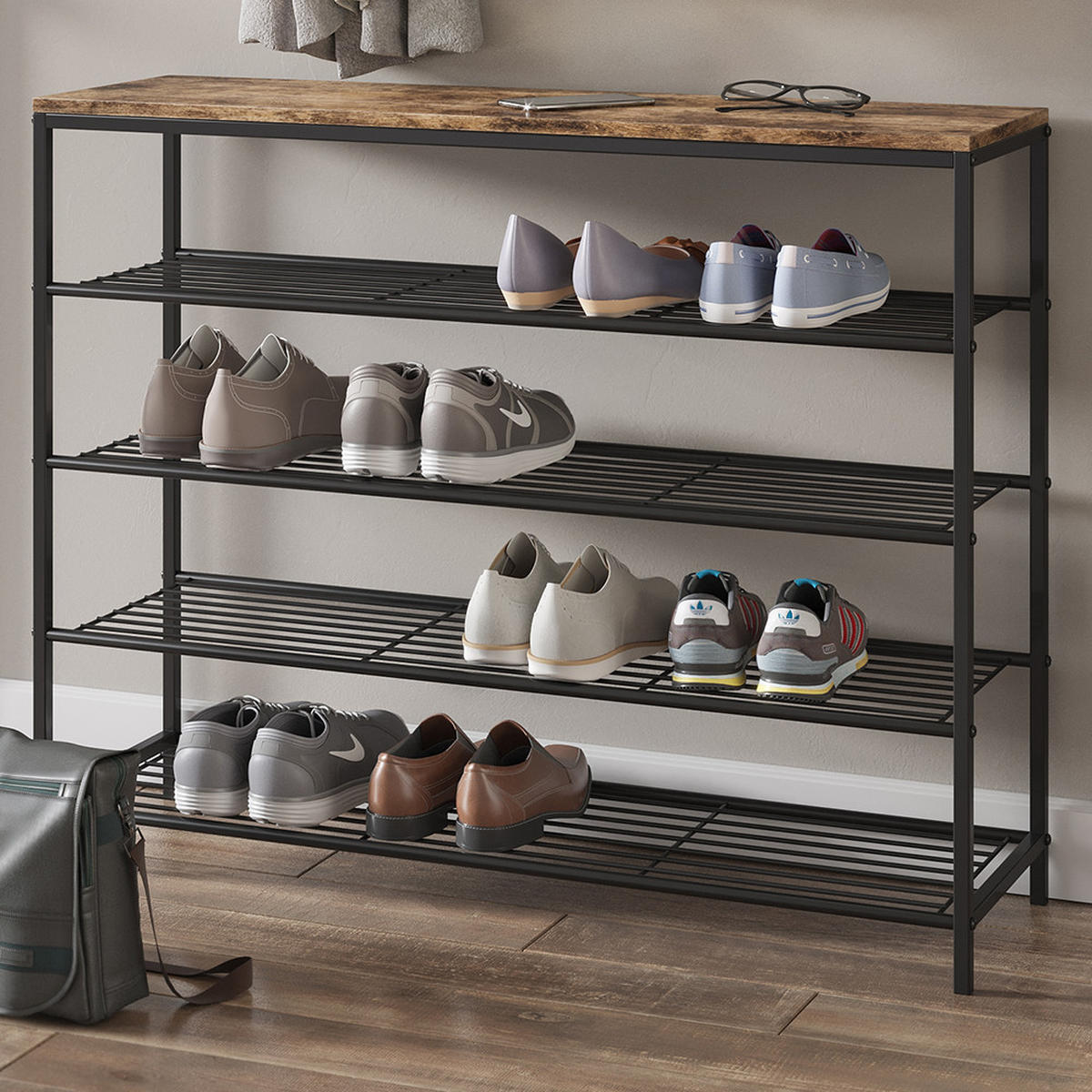 SCHUHBANK Fyrk Eiche rustikal 100 x 80 cm - Wildeiche/Schwarz, Holzwerkstoff (100/80/30cm) - Vicco