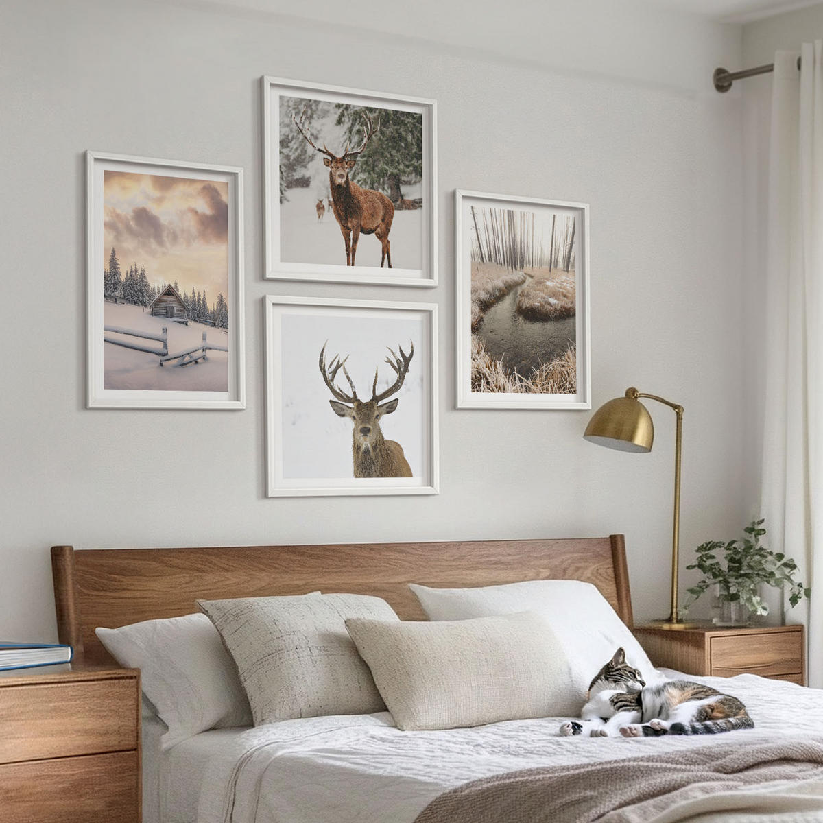 WANDBILDER 4er-Set - 50x50 cm & 40x60 cm Weißer Rahmen - Winterlandschaft mit Hirschen - Weiß, Kunststoff (50/50cm) - ArtPrintCave