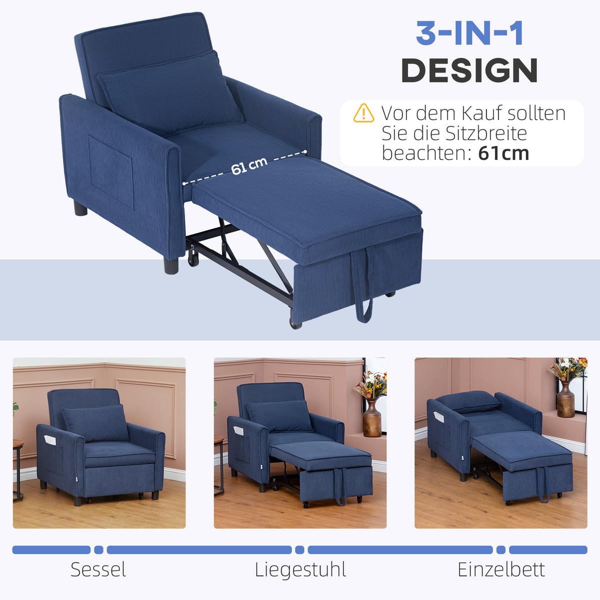 3-IN-1 Schlafsessel, Klappbett mit Bettfunktion, Lendenkissen für Wohnzimmer - Blau, Kunststoff (74/81/84cm) - HOMCOM