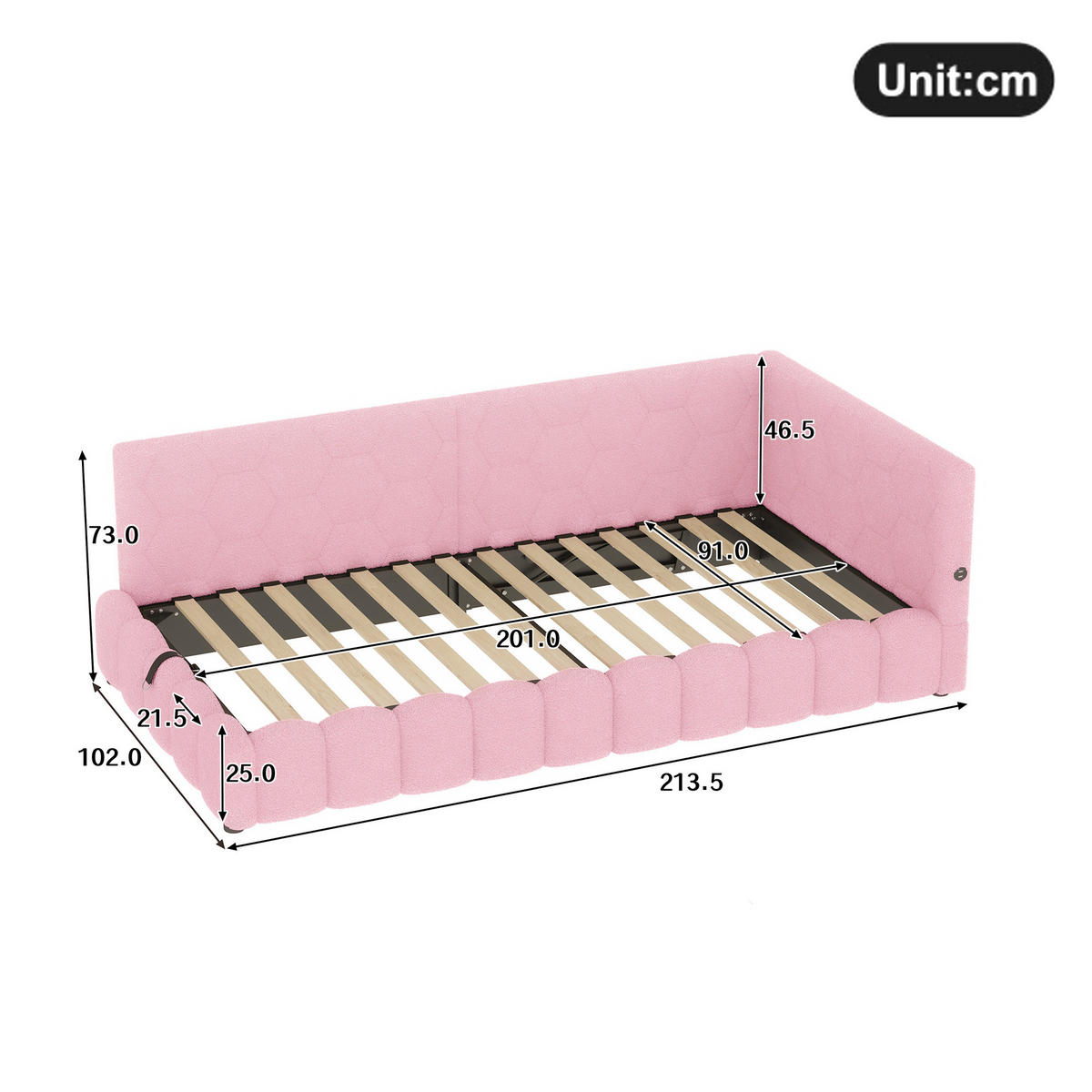 TAGESBETT 90/200 cm mit LED-Lichtleiste, USB, Typ-C und hydraulischem Bettkasten, Rosa - Rosa, Textil (90/200cm) - Redom