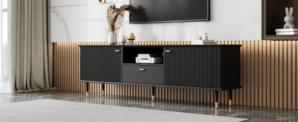TV-ELEMENT170X36X54CM SchwarzSoftCloseScharniereGoldene Metallbeine - Schwarz, Holz (46.36/10.8/180.34cm) - Raelunyi