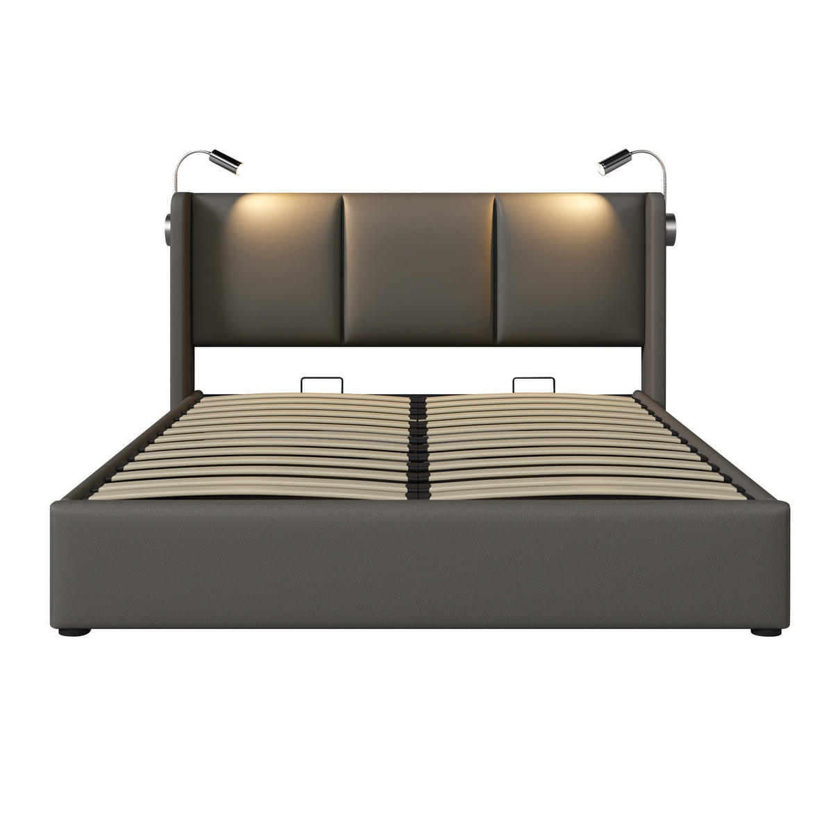 BETT mit Bettkasten 180x200 cm PU Grau 2xUSB - Grau, Metall (180/200cm) - Meubliv