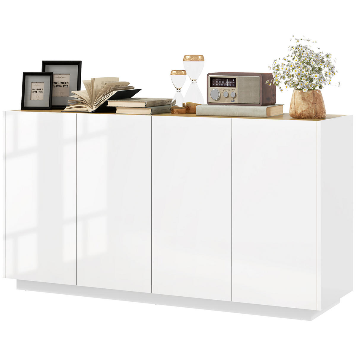 SIDEBOARD Weiß-Lack, Kiefer-Nachbildung, 4 Türen, 140/40/75 cm - Weiß Hochglanz, Holz (140/75/40cm) - PANGIVO