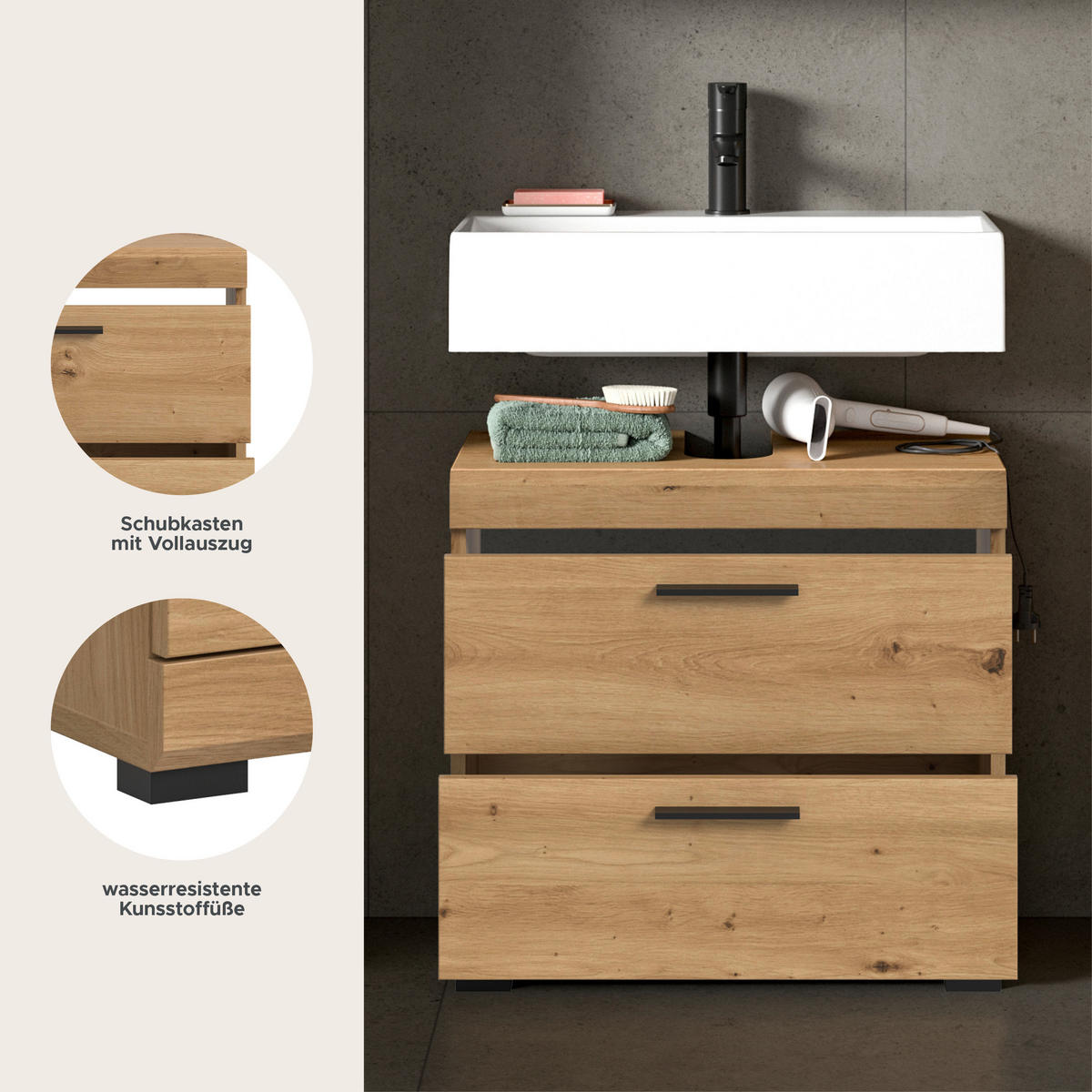 WASCHBECKENUNTERSCHRANK SCOUT (B/H/T: ca. 60/56/34 cm) in Artisan Eiche Nachbildung/Artisan Eiche Nachbildung - Eiche Artisan, Holz (60/56/34cm)
