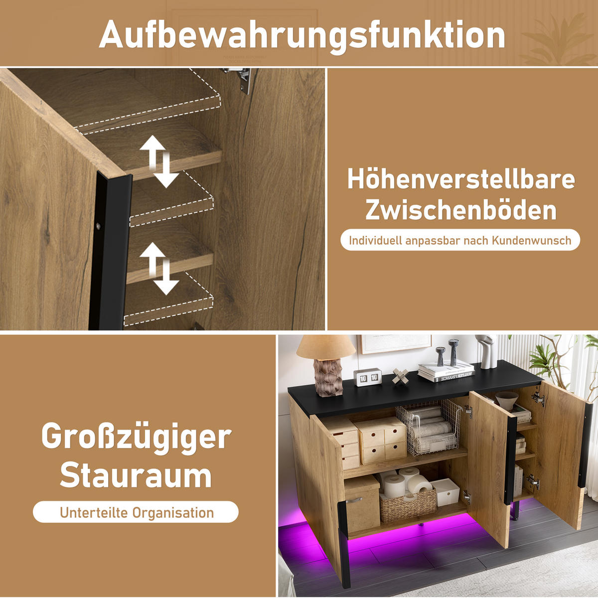 SIDEBOARD mit LED-Beleuchtung - Verstellbare Regalböden, justierbare Füße und freistehende Konstruktion - Natur - Naturfarben, Holz/Holzwerkstoff (38/80/120cm) - KOMHTOM