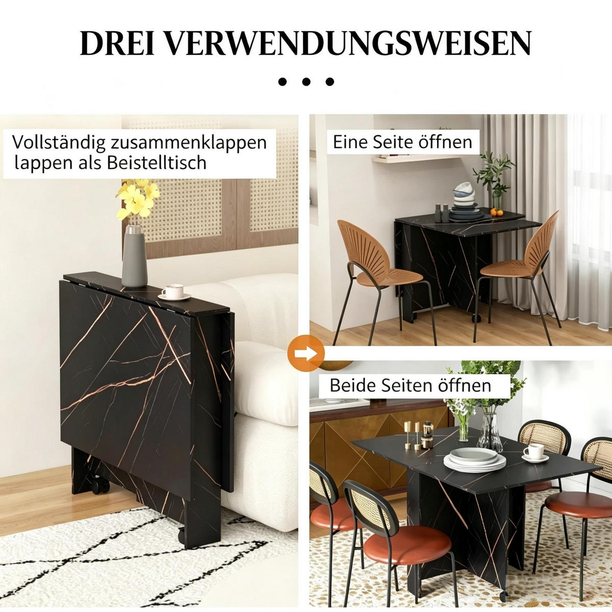 KLAPPTISCH 80-120/80/73 cm mit Rollen DE-39950 Marmoriert Schwarz - Schwarz, Holzwerkstoff (80/120/73cm) - ComfortXL