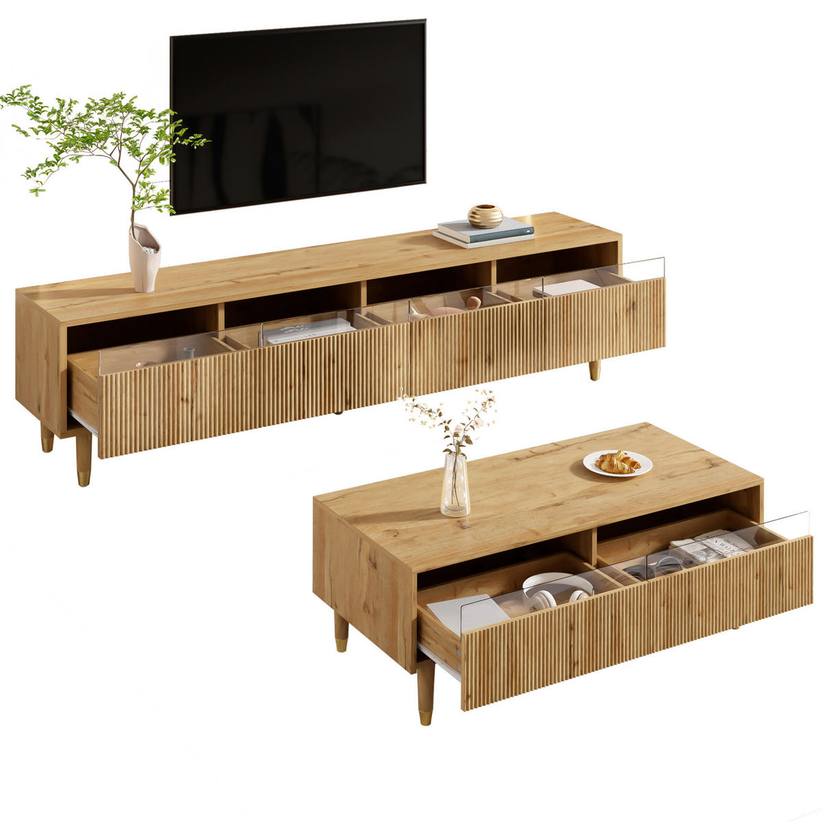 OBÝVACÍ sestava 178/35/45 cm a 110/50/40 cm dřevěná z MDF s LED osvětlením a vlnitou strukturou - přírodní, kompozitní dřevo (178/45/35cm) - OKWISH