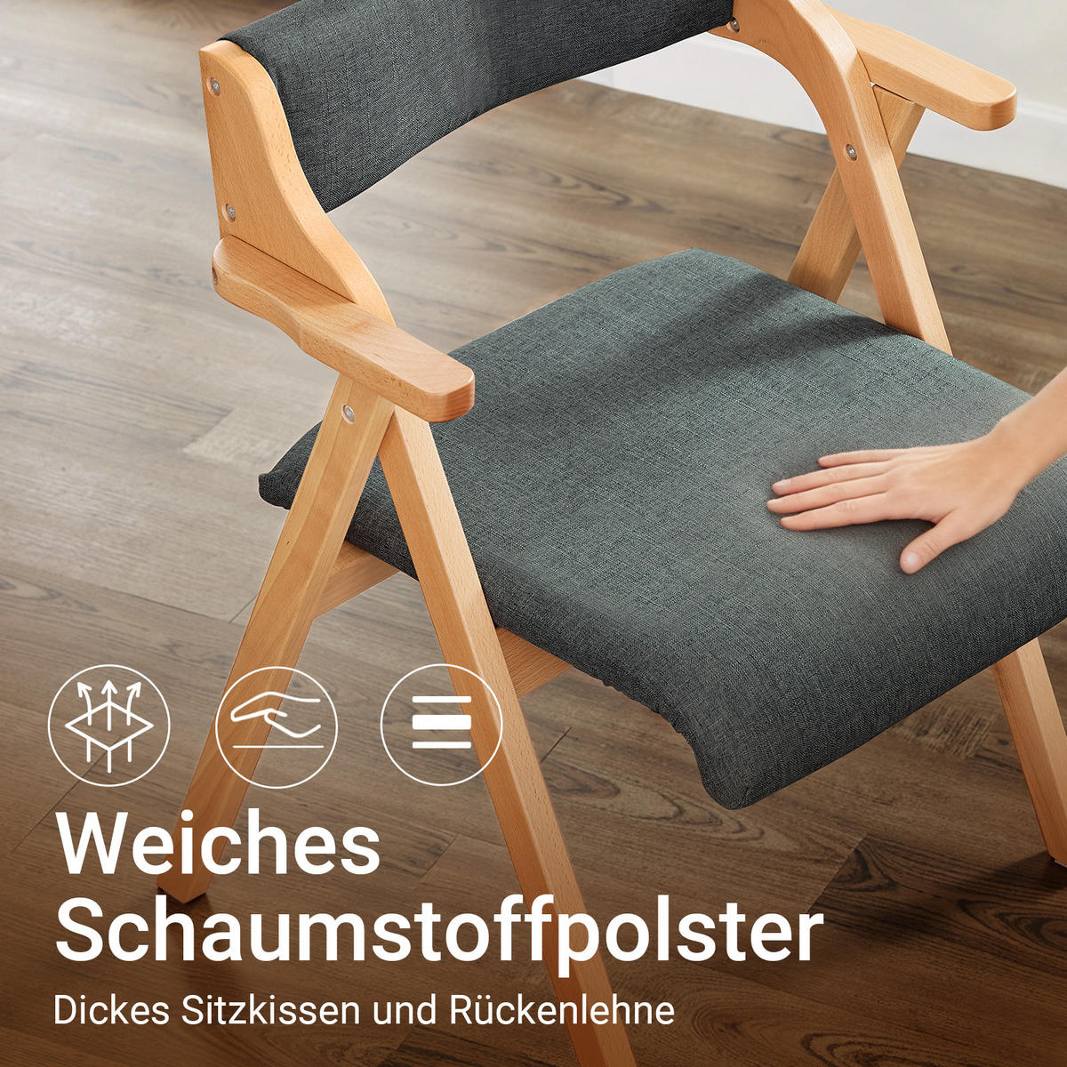 KLAPPSTUHL aus massivem Buchenholz mit Polsterung, Dunkelgrau - Dunkelgrau, Holz (61.5/77.6/56cm) - SoBuy