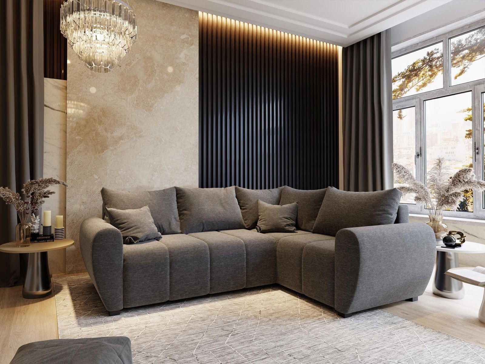 ECKSOFA MADISON L R-S Hellgrau Dünner Stoff mit Schlaffunktion - Hellgrau, Holz (235/175cm) - MASSENO