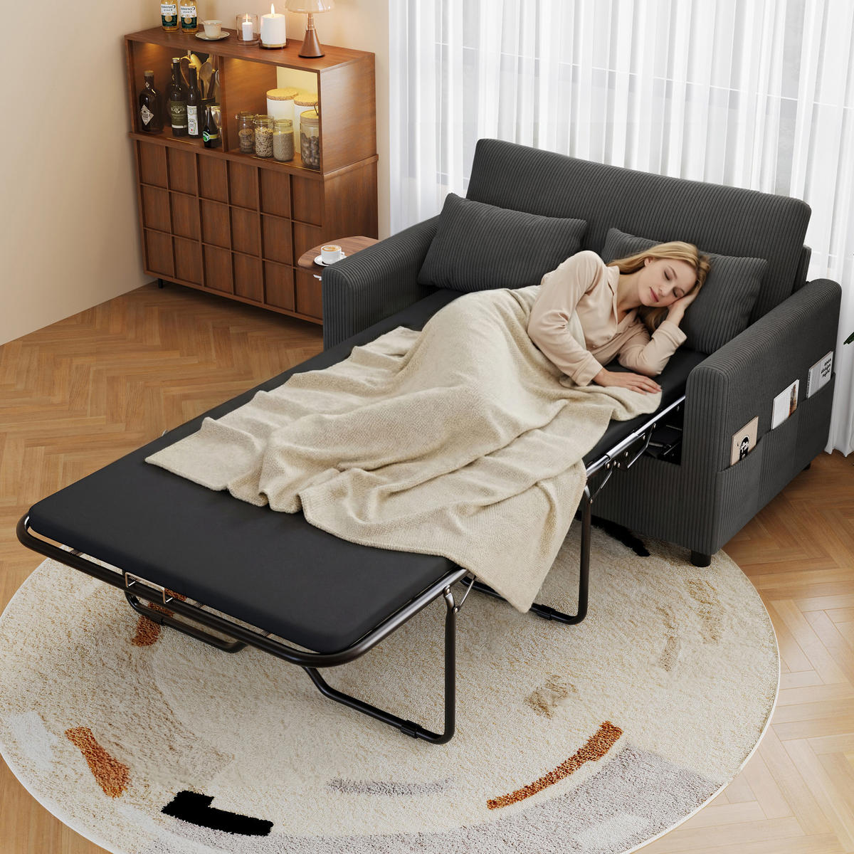 SCHLAFSOFA Grau 2 Sitzer USB Schlaffunktion Tisch Kissen - Grau, Textil (82/84/134cm) - FLIEKS