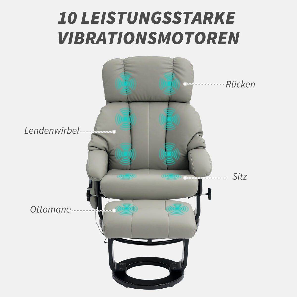 RELAXSESSEL mit Massage, Fußhocker Bonded Leather 360° drehbar 76/80/102 cm Grau - Grau, Kunststoff (80/102/76cm) - Redom