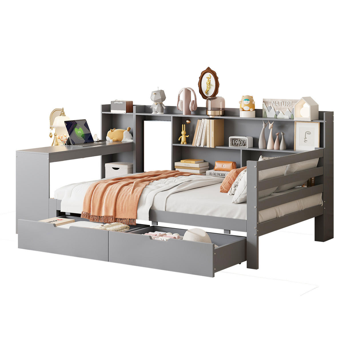 SCHLAFSOFA 90/200 cm mit Schreibtisch, Regalen, 2 Schubladen und USB-Steckdose, Grau - Grau, Holzwerkstoff (245.5/100/114.5cm) - Redom