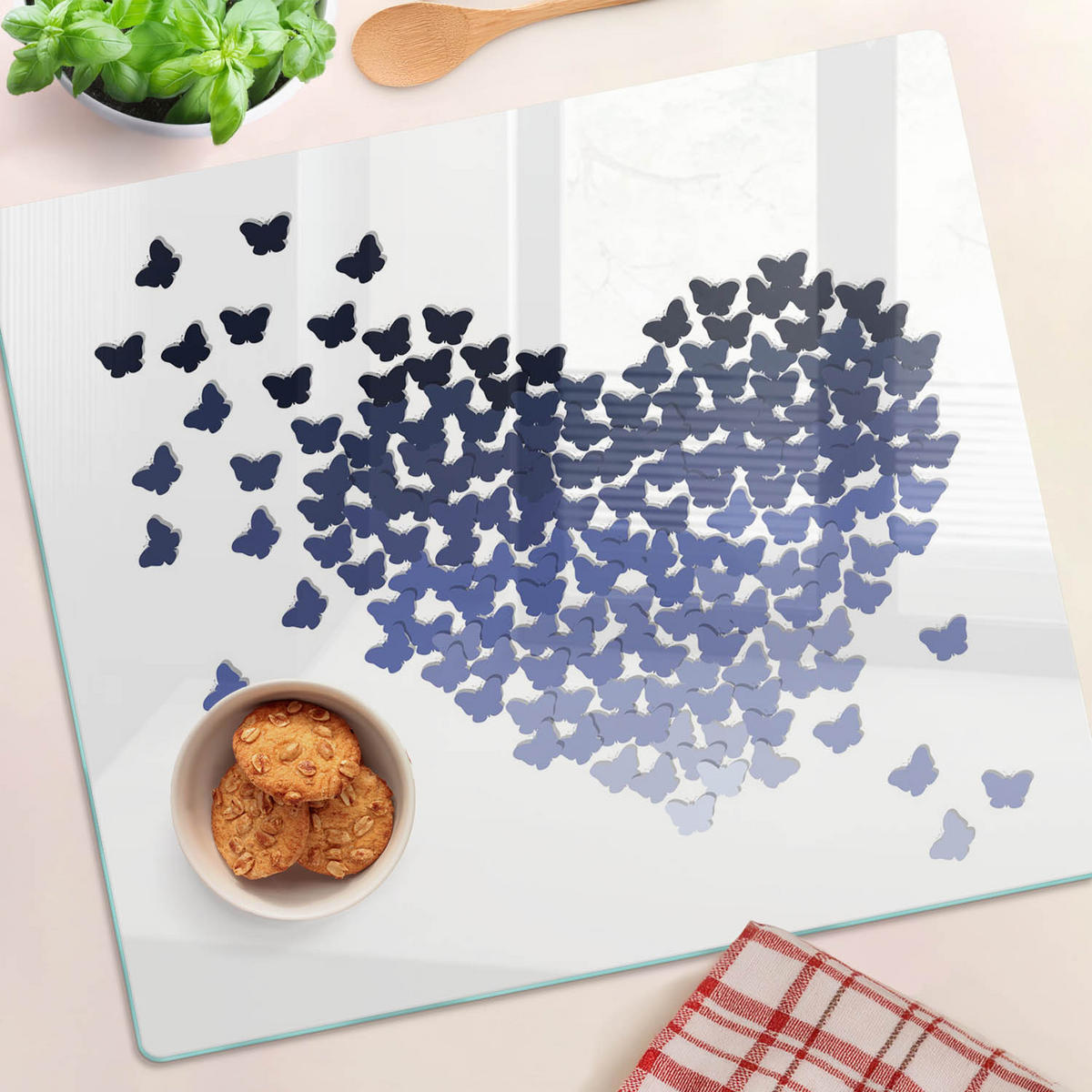 GLASPLATTE 60x52 cm Schmetterlinge Herzen - Blau, Glas (60/0.4/52cm) - TULUP