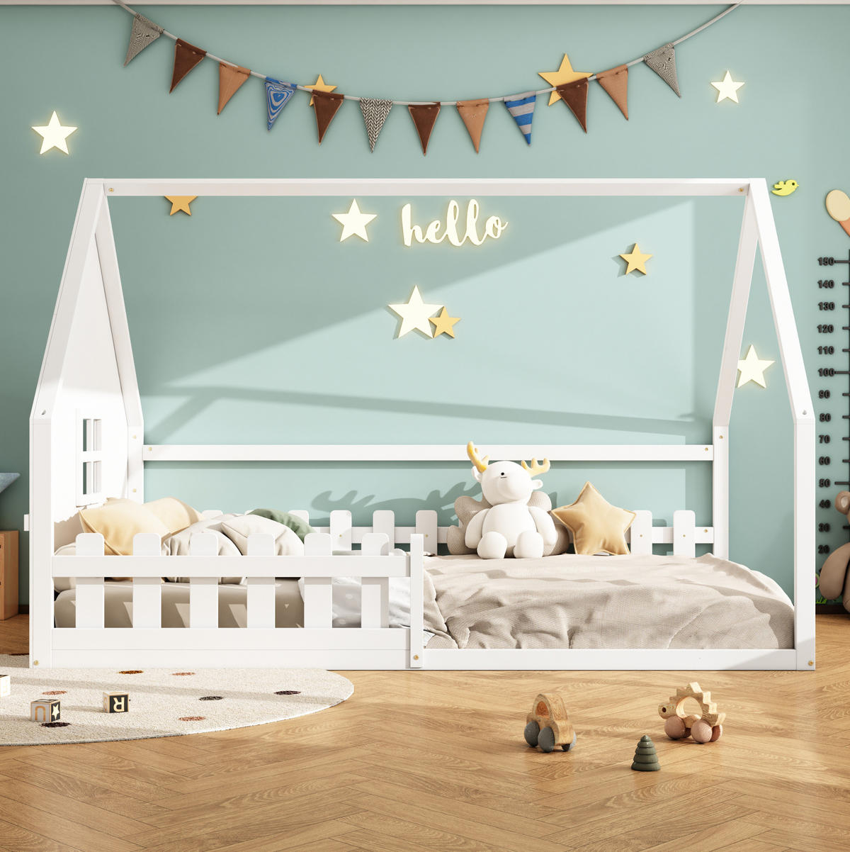 KINDERBETT Hausbett 140/200 cm mit Geländer aus Kiefernholz in Weiß - Weiß, Holz (140/200cm) - BEAOK
