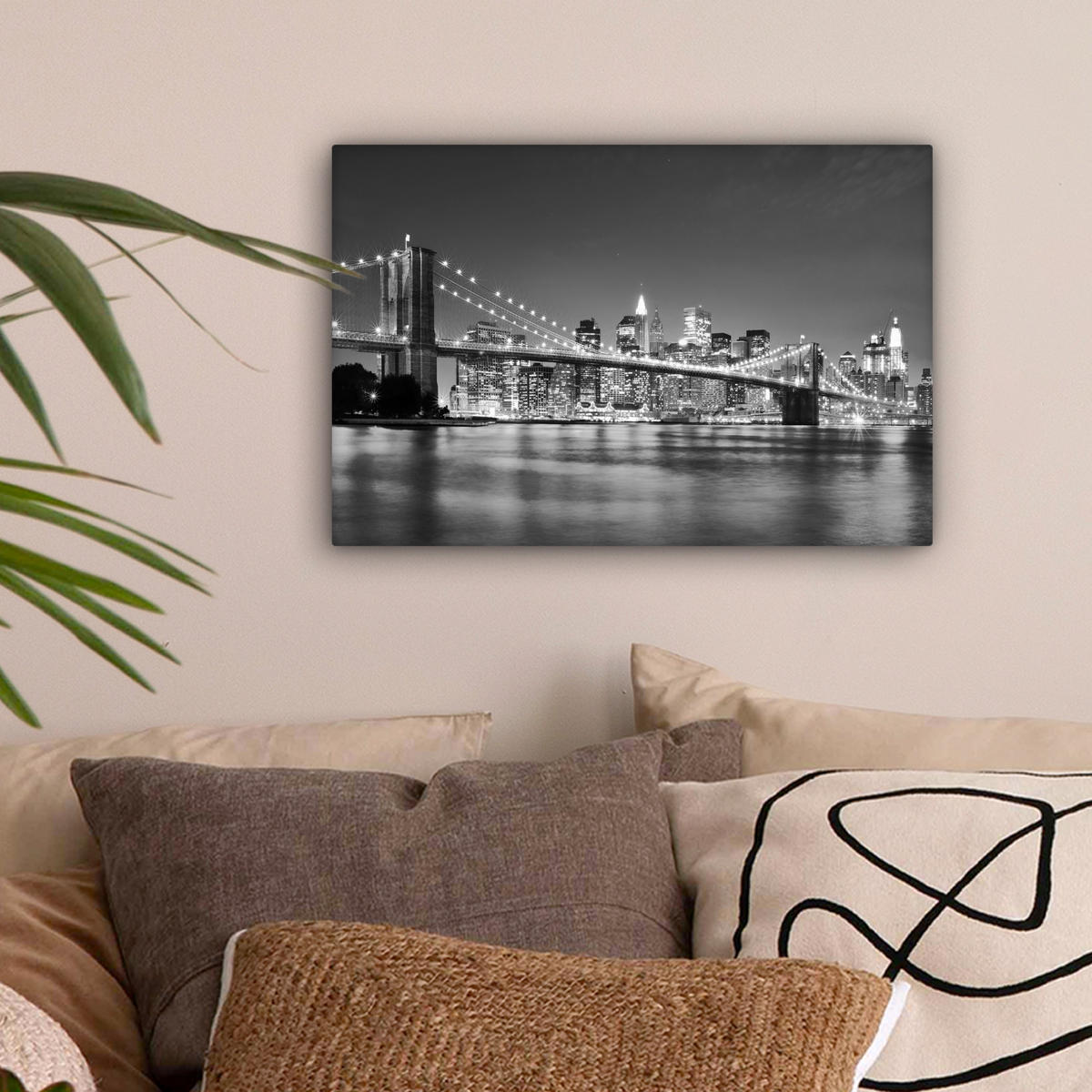 LEINWANDBILD - New York - Brücke - Brooklyn - Schwarz und weiß - Architektur - 30x20 - Deko XXL - Schwarz, Textil (30/20cm) - MuchoWow