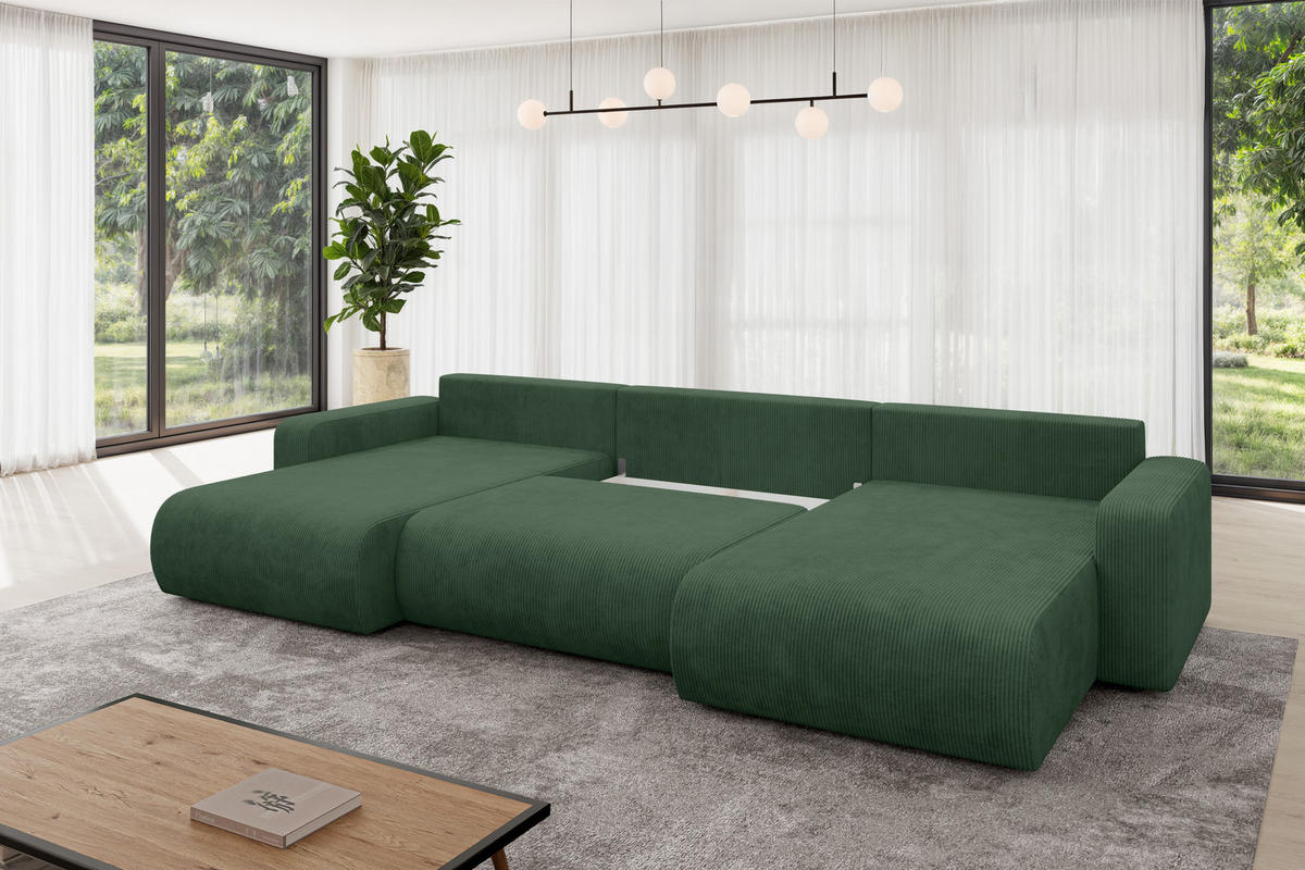 SEDACÍ SOUPRAVA DO U s funkcí spaní a úložným prostorem BERY-U 377x193x88 zelená manšestr - černá/tmavě zelená, kompozitní dřevo/textil (377/88/193cm) - ALTDECOR