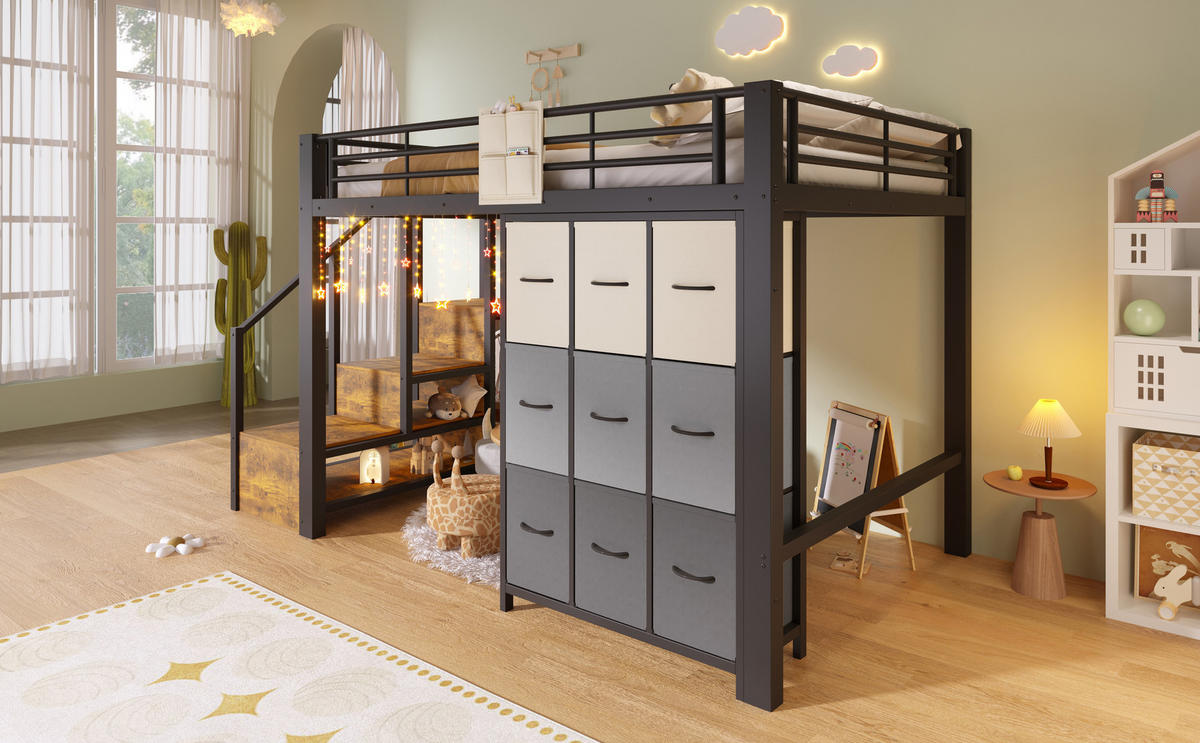 HOCHBETT 140/200 cm mit Metallgestell Schwarz, Schubladen, Kleiderstange und Stauraumtreppe - Schwarz, Metall