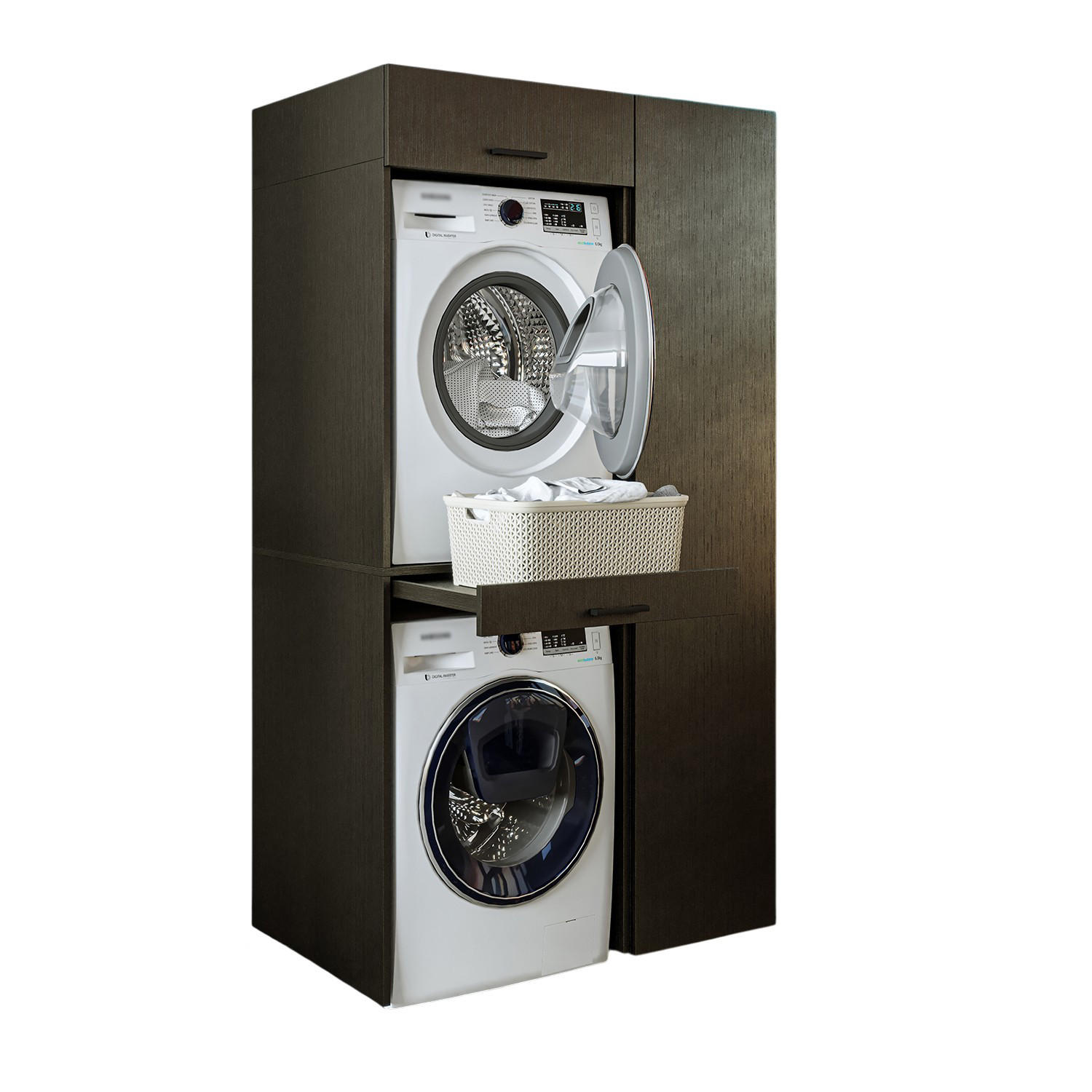 WASCHMASCHINENSCHRANK DUO-I 112cm Breit, 205cm Hoch - Schwarz, Holzwerkstoff (112/205/67cm)