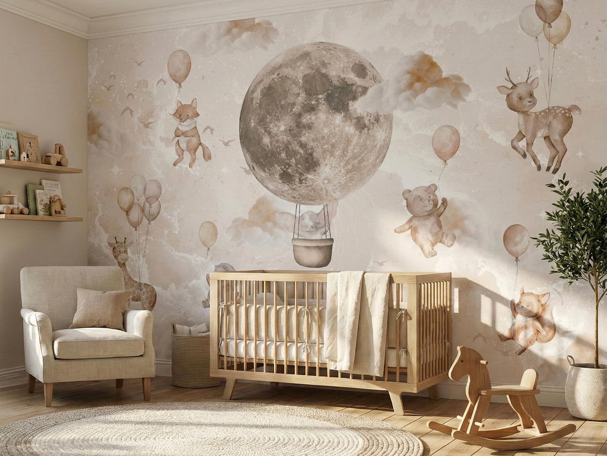 FOTOTAPETE für Kinderzimmer Mond Ballons Bär Rehkitz Giraffe Wolken 200x140 - Beige/Rosa, Papier (200/140cm) - Muralo