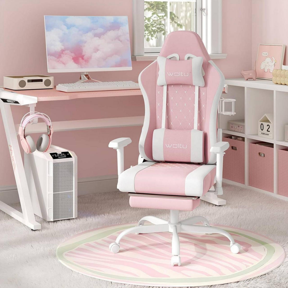 GAMINGSTUHL mit Lendenkissen, Massagefunktion, Rosa+Weiß - Weiß/Rosa, Textil/Metall (70/129/57.5cm) - Woltu