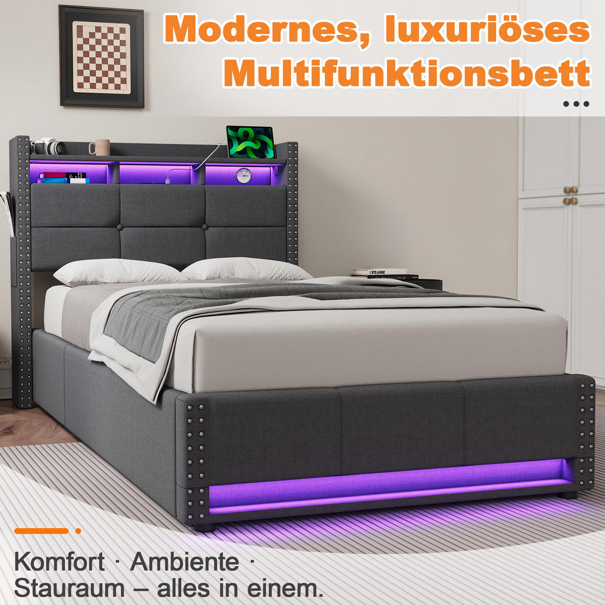 POLSTERBETT 90/200 cm dunkelgrau aus Leinenstoff mit hydraulischem Stauraumkopfteil LED und USB-Ladefunktion - Dunkelgrau, Textil (90/200cm) - OKWISH