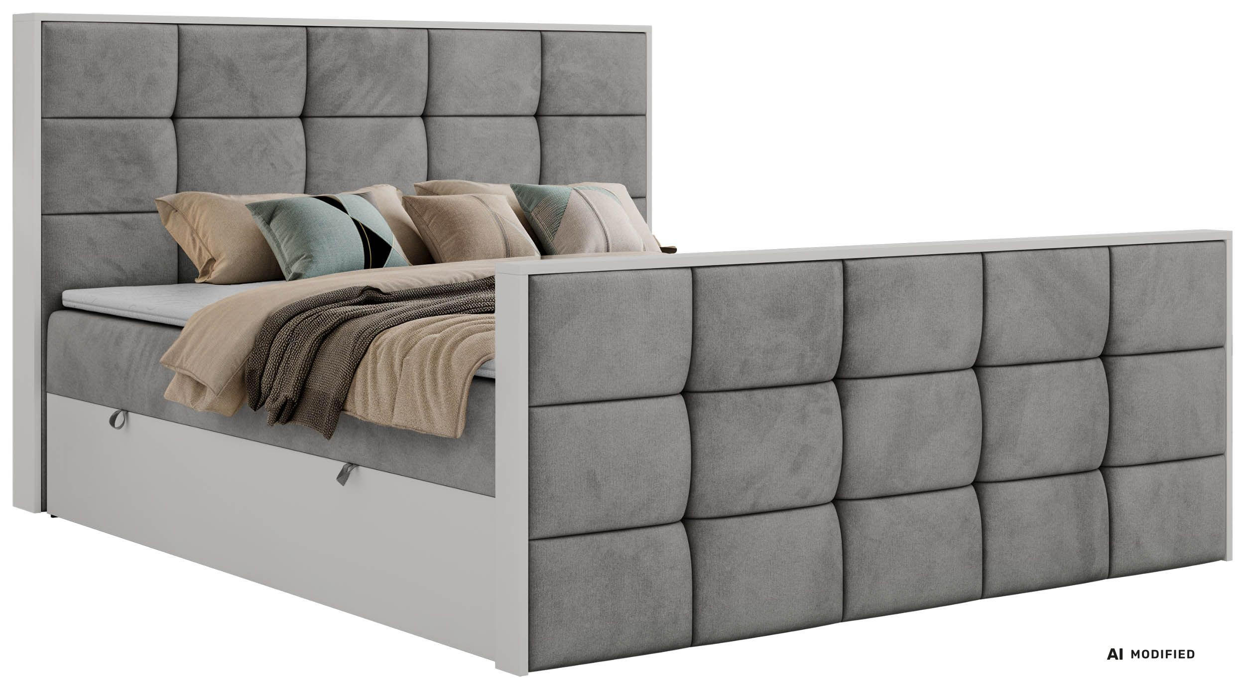 BOXBETT ALVIT DUO 160/200 - Hellgrau Velvet - Topper Visco - H3 - Hellgrau/Schwarz, Kunststoff/Textil (160/200cm) - MKS