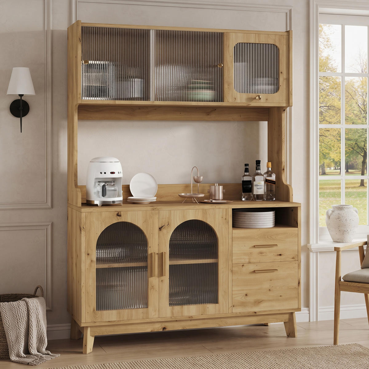 BUFFETSCHRANK 120x40x178 cm, 2 Steckdosen, USB-A/USB-C-Anschlüsse, Holzfarbe - Naturfarben, Holzwerkstoff (120/178/40cm) - FOHERE